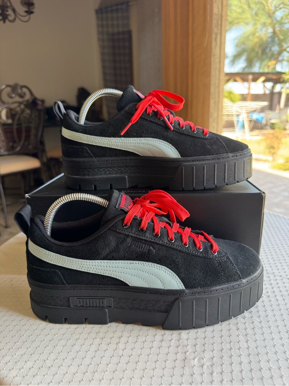 Puma Black Suede Platform Sneakers with Red Laces